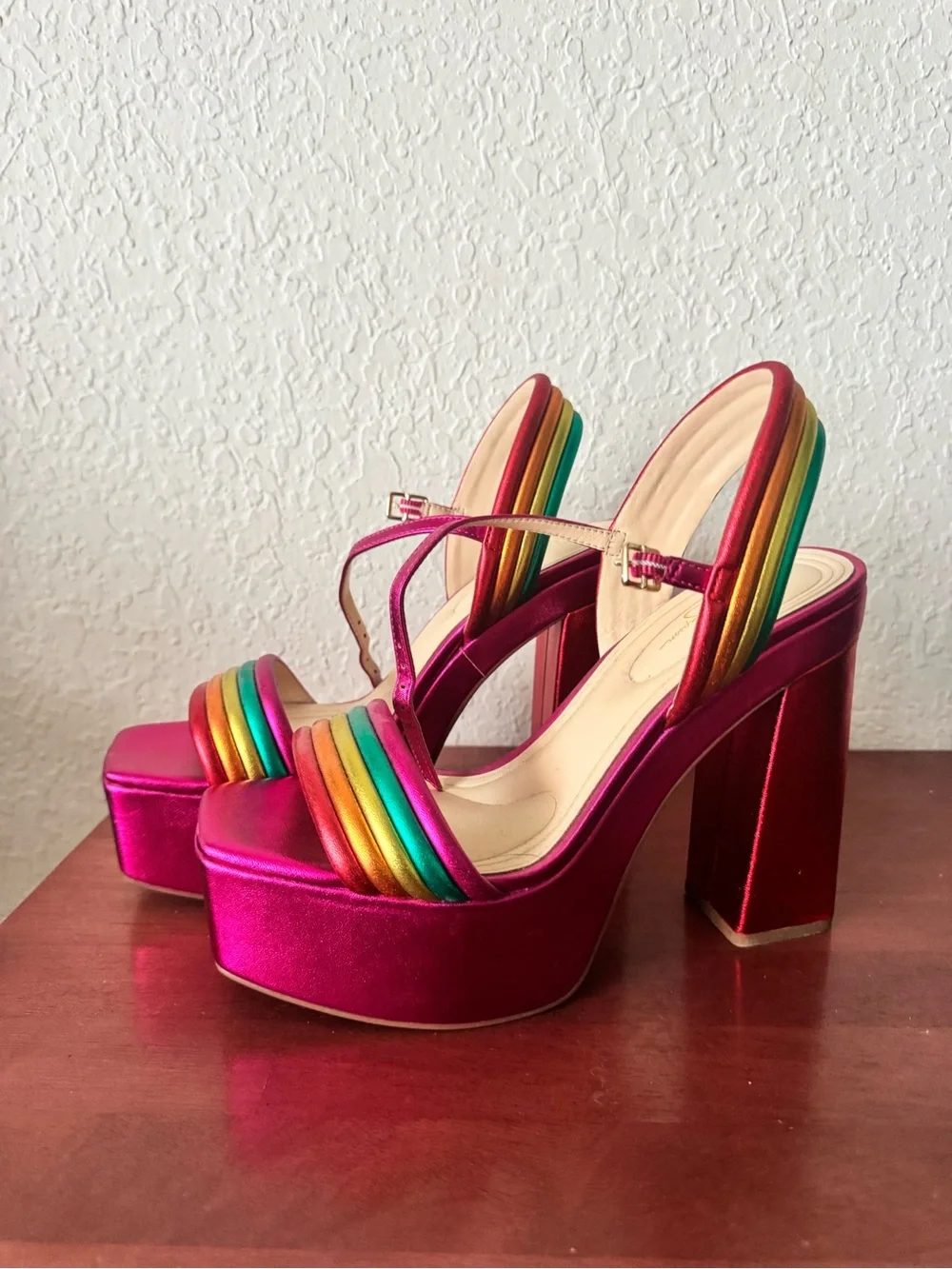 Jessica Simpson Pink Satin Platform Sandals with Rainbow Straps